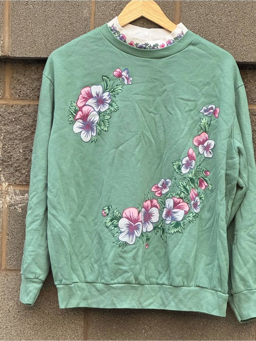 Women’s Vintage 90’s Blair Mint Green Floral Sweatshirt With Mock Neck Collar XL